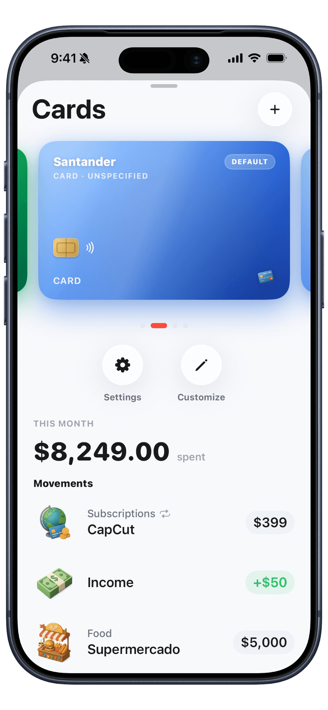 Cards screen with card carousel, monthly spend, and movements