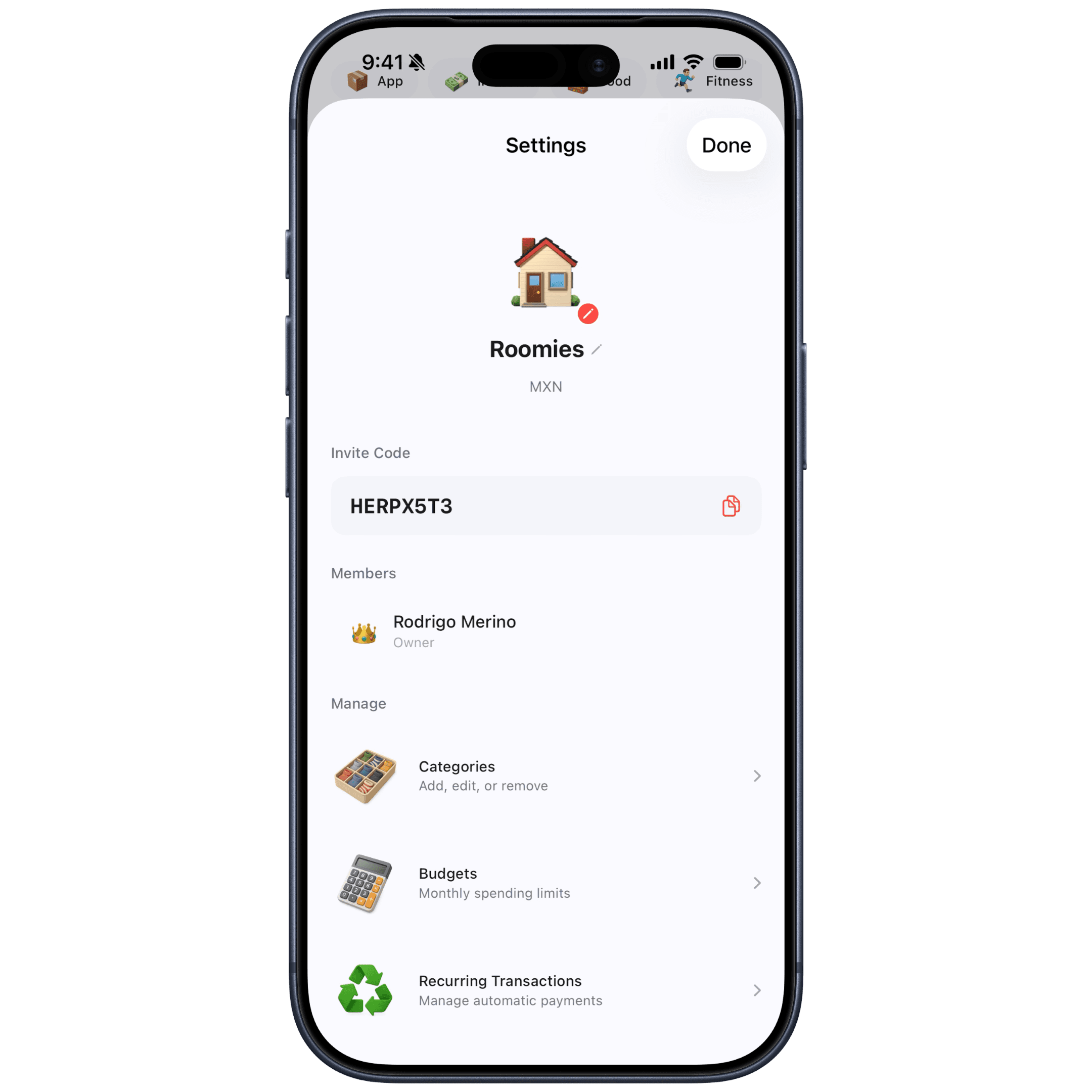 Group settings with invite code and members