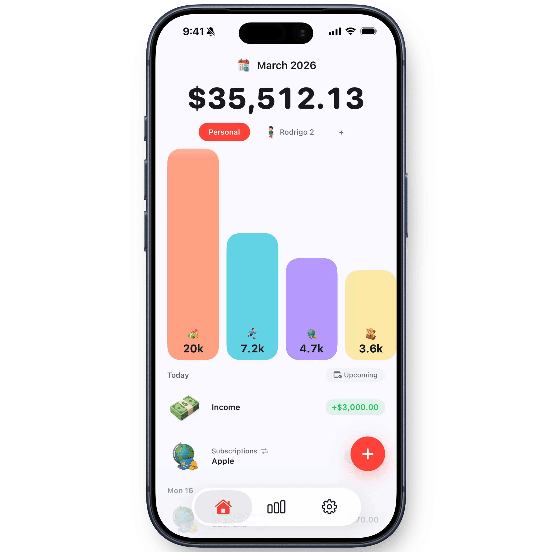 Nola home screen with monthly balance, category bars, and transactions